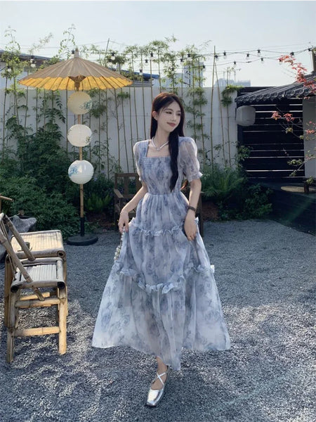 Fairycore Flower Long Evening Dress Women Korean Style Puff Sleeve Tun –  Pbong