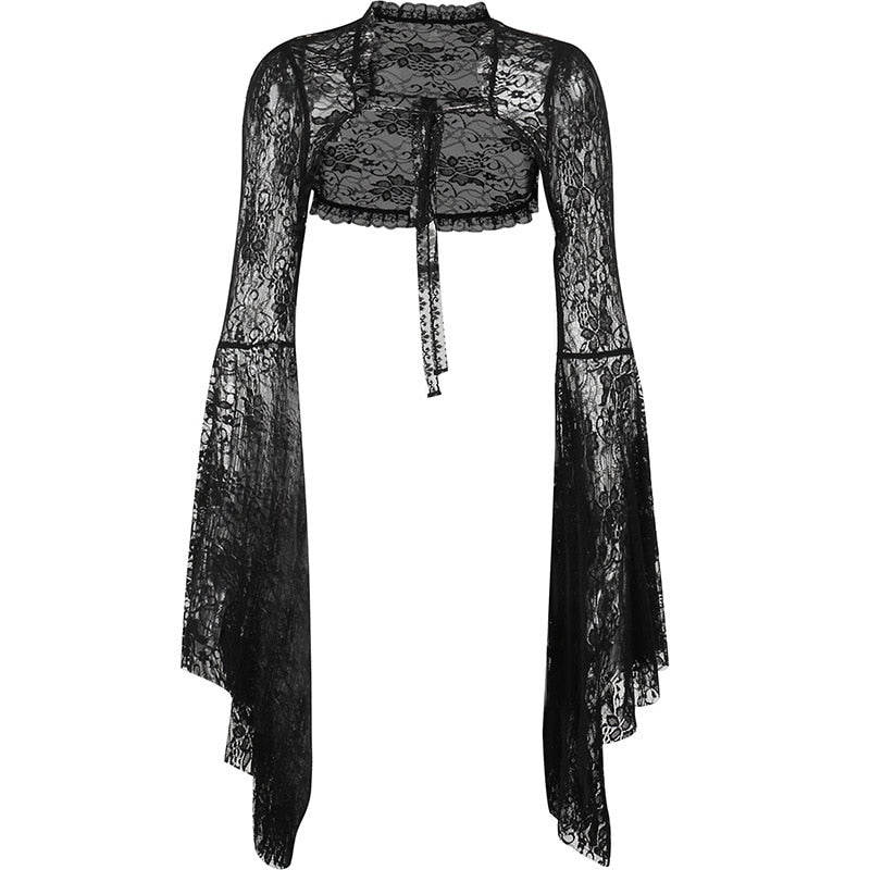 Vintage Gothic  Black Lace T-shirt Women Streetwear Flare Sleeve See Through Sexy Smock  Top Elegant Aesthetic Cropped Tops