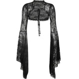 Vintage Gothic  Black Lace T-shirt Women Streetwear Flare Sleeve See Through Sexy Smock  Top Elegant Aesthetic Cropped Tops