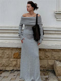 Shoulder Knit Long Dress Women High Waist Slim Elegant Fashion Pleated Maxi Dress Long Sleeve Backless Knitwear Dress