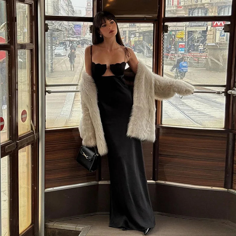 Satin Bandage Dress Women Hollow Out Sleeveless Slim Long Dresses Femme Summer Party Elegant Sexy Backless Dress Woman