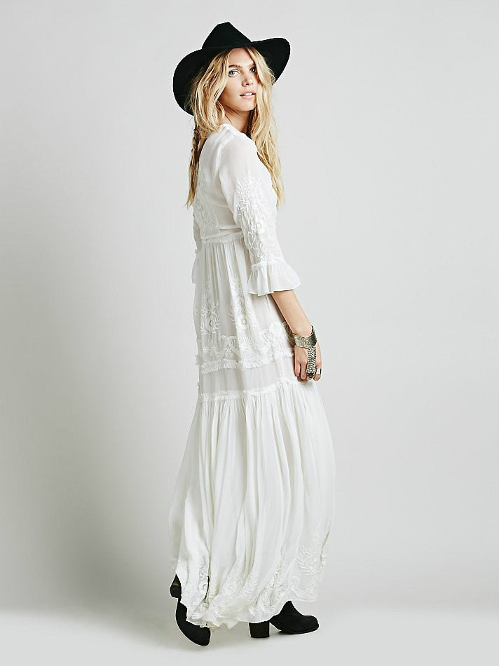 new free shipping Bohemia embroidery maxi dress women's white ruffles elegant sweet long loose dress fashion party dresses