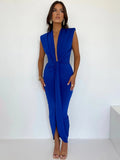 Sexy Deep V-neck Pleated Women Dress Blue Side Split High Waist Elegant Dress Female Summer Bandage Slim Party Vestido