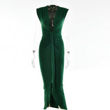 Sexy Deep V-neck Pleated Women Dress Blue Side Split High Waist Elegant Dress Female Summer Bandage Slim Party Vestido