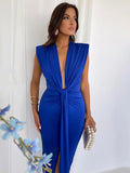 Sexy Deep V-neck Pleated Women Dress Blue Side Split High Waist Elegant Dress Female Summer Bandage Slim Party Vestido