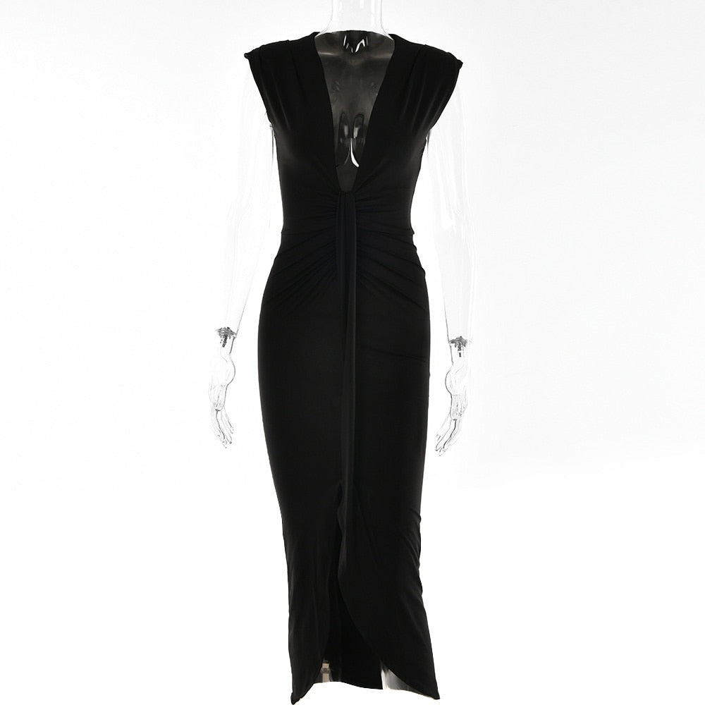 Sexy Deep V-neck Pleated Women Dress Blue Side Split High Waist Elegant Dress Female Summer Bandage Slim Party Vestido
