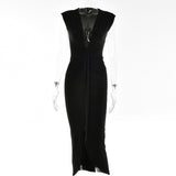 Sexy Deep V-neck Pleated Women Dress Blue Side Split High Waist Elegant Dress Female Summer Bandage Slim Party Vestido