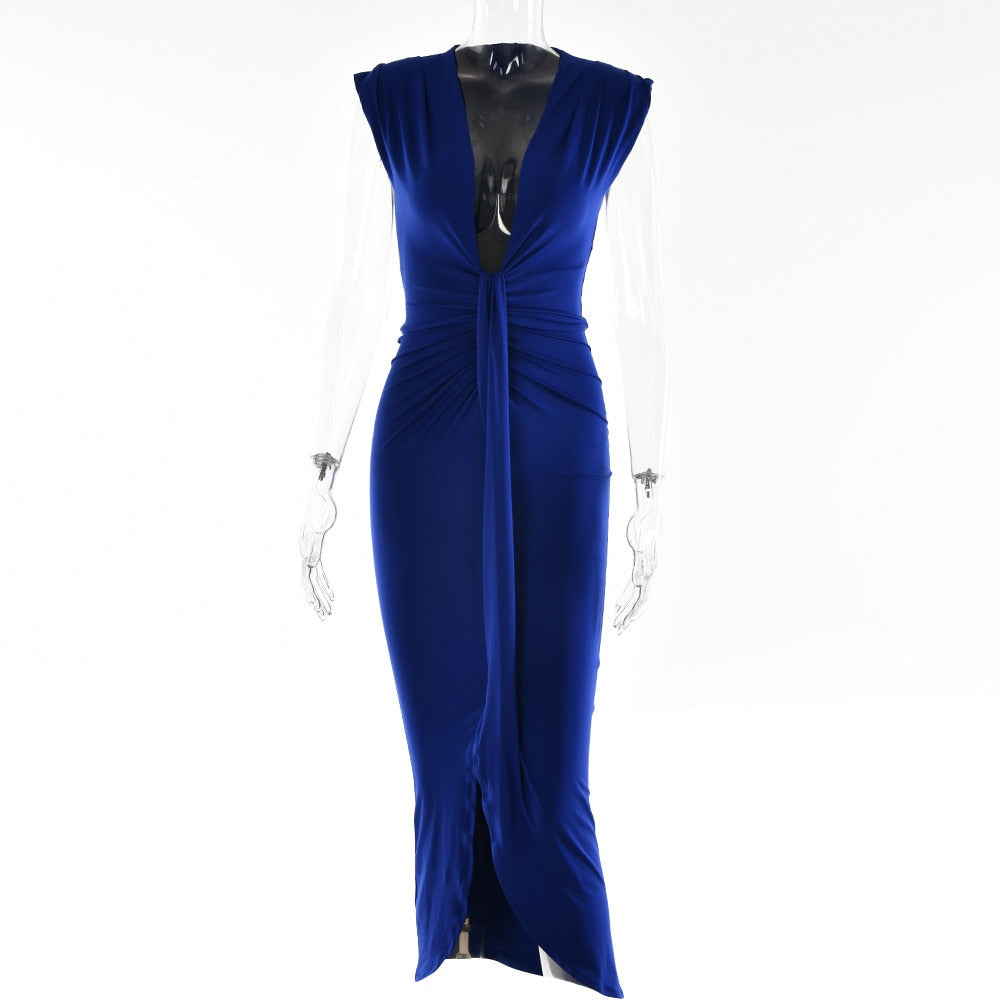 Sexy Deep V-neck Pleated Women Dress Blue Side Split High Waist Elegant Dress Female Summer Bandage Slim Party Vestido