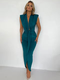 Sexy Deep V-neck Pleated Women Dress Blue Side Split High Waist Elegant Dress Female Summer Bandage Slim Party Vestido