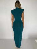 Sexy Deep V-neck Pleated Women Dress Blue Side Split High Waist Elegant Dress Female Summer Bandage Slim Party Vestido