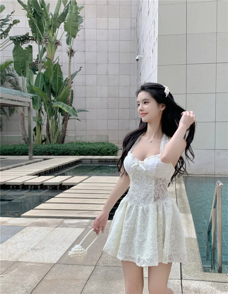 Sexy Lace Stitching Hollow Out Dress - Elegant Women Sleeveless White Summer Chic Short Club Dresses (WS06)(F18)
