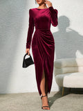[Long Sleeve Solid Dress] Long Sleeve Split Hem Solid Dress, Elegant Crew Neck Slim Dress For Party & Banquet, Women's Clothing
