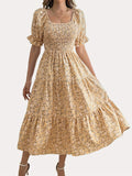 Elegant For Spring & Summer Midi Dress, Floral Print Shirred Bust Square Neck A-line Dress With Puff Sleeve, Women's Clothing