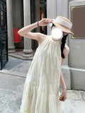 Asian Style Embroidered Polyester Tunic Dress for Women, Elegant Crew Neck Sleeveless Long Summer Dress with Tie-Back Detail and Straight Hem