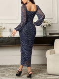 Elegant Leopard Print Bodycon Dress with Frill Detail, Polyester Long Sleeve Square Neck Sheer Mesh Overlay, for Women, Fall Season