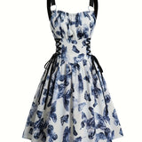 Women's White A-Line Midi Dress - Sleeveless, Lightweight Polyester, Lace-Up Waist, O-Ring Shoulders, Blue Butterfly Pattern, Perfect for Spring/Summer Parties