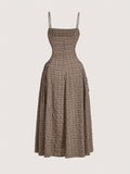 Vintage Beige Plaid Midi Dress for Women with Front Right Side Ruched Tie Detail - Sleeveless, Polyester, Machine Washable - Ideal for Spring/Summer/Fall