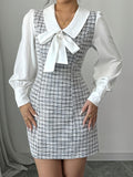 1pc Elegant Women'S V-Neck Plaid Dress, Polyester Woven Fit with Button Closure, with Bow Detail, for All-Season Fashion