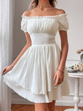Elegant Off-Shoulder Square Neck Dress, 100% Polyester Solid Color A-Line Mini Dress for Women, Spring/Summer Woven Fabric, Occasion Wear | Ruffled Bodice | Polyester Fabric, Cute Dresses