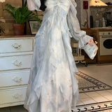 [Misty Dress] Misty Blue-Gray Dress | Long Sleeves, Ruffled Hem, Butterfly Design And Golden Accents - Perfect for Early Autumn