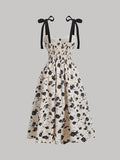 [Chic Midi V-Neck Floral Dress] Women'S Elegant V-Neck Floral Print Dress with Tie Straps, Polyester Knit Fabric, A-Line Silhouette, All-Season Chic Midi Dress for Adult