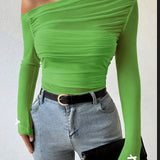 Semi-Sheer Stretchy Polyester Blend Off-Shoulder Ruched Long Sleeve Top with Bow Detail - Elegant for Women - Perfect for Fall/Winter voguable