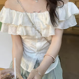 Solid Color French Ruffle Off-Shoulder Shirt - Women's Summer Slimming T-Shirt - Polyester, Petal Sleeve, Sleeveless, Button Front, X Fit, Regular Fit, Woven Fabric