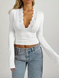 Women's Elegant Red Lace-Trimmed V-Neck T-Shirt - Long Sleeve, High Stretch Polyester, Perfect for Layering Under Sweaters and Jackets, Machine Washable