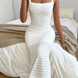 Elegant Sleeveless Textured Wide Strap Slim Fit Dress - Plain Dress For Spring & Summer - Women's Clothing