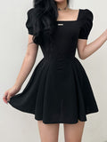 Black Puff Sleeve A-Line Pleated Dress