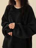 Cozy Womens Crew Neck Pullover Sweater - Relaxed Fit, Dramatic Drop Shoulder & Trendy Split - Soft Knit, Everyday Casual Style - Solid Color Wardrobe Staple