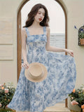 [Floral Print Strap Dress Set] Elegant Floral Print Strap Dress Set, Long Sleeve Ruffle Trim Open Front Ribbed Cardigan & Square Neck Sleeveless A-line Dress Outfits, Women's Clothing