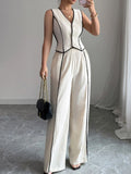 Contrast Trim V-Neck Vest and Pants Set
