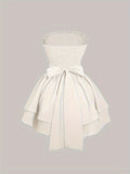Elegant Strapless Backless A-line Dress - Solid Color Lace Up Tube Dress - Layered Hem Ruffle Trim Women's Clothing