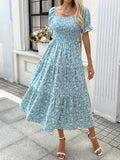 Elegant For Spring & Summer Midi Dress, Floral Print Shirred Bust Square Neck A-line Dress With Puff Sleeve, Women's Clothing