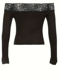Dark Y2K Vintage Print Lace Splicing One-Shoulder Slim Fit Long Sleeve T-Shirt