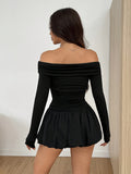 Women'S Solid Color Strapless Mini Dress, Fitted Polyester Knit Fabric with Ruffle Hem, Long Sleeve, All-Season Fashion for Adult