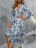 [Elegant Celadon Style Print Dress] Women'S Elegant Print Temperament Casual Celadon Style Dress