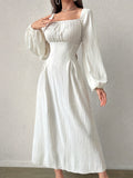 Elegant Textured Midi Dress - Cross Tie Lantern Sleeve Solid Color Romantic Dress for Women