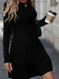 Long Sleeve Ruffle Hem Ribbed A-line Dress, Casual Crew Neck Solid Color Dress For Spring & Fall, Women's Clothing