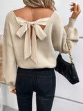 Soft Polyester Elegant French-Inspired Plus Size Sweater - V-Neck with Bow Tie Back, Hand Washable, Classic Knitwear, Smooth Texture, All-Season Apparel