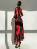 Floral Print Mesh Splicing Dress, Elegant Long Sleeve Bodycon Dress for Spring & Fall, Women's Clothing