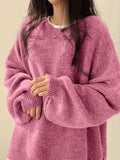 Cozy Womens Crew Neck Pullover Sweater - Relaxed Fit, Dramatic Drop Shoulder & Trendy Split - Soft Knit, Everyday Casual Style - Solid Color Wardrobe Staple