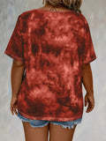 Women'S Plus Size Tie Dye Print Short Sleeve T-Shirt, Casual Loose Fit Tee with Lace-Up Drape Neck, Polyester 95% Spandex 5% Knit Fabric, Medium Stretch, Spring/Summer Pullovers, 175g/m² - Purple