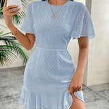 [Summer Chiffon Ruffle Dress] Summer Fashion Solid Color Chiffon Ruffle Hem Dress - Casual Crew Neck Short Sleeve A-Line Pendulum - 95% Polyester 5% Elastane