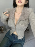 Slim Fit Solid Color Y2K-Inspired Jacket for Women - Long Sleeve, Round Neck, Patchwork, Faux Fur Trim, Zip-Up, Machine Washable