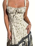 [Trendy Ruched Tie Front Cami Dress] Milkmaid Dress, Ditsy Floral Dress, Corseted Dress, Midriff Waist Shaper, Trendy Women's Ruched Tie Front Split Thigh Cami Dress Sleeveless Womenswear Comfortable