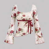 Elegant Women's Floral Print Blouse with Square Neckline and Red Ribbon Tie - Long Sleeve, Asymmetrical Hem, Polyester, Machine Washable