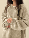 Cozy Womens Crew Neck Pullover Sweater - Relaxed Fit, Dramatic Drop Shoulder & Trendy Split - Soft Knit, Everyday Casual Style - Solid Color Wardrobe Staple