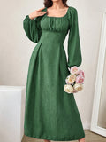 Elegant Textured Midi Dress - Cross Tie Lantern Sleeve Solid Color Romantic Dress for Women
